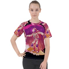 Astronaut Spacesuit Standing Surfboard Surfing Milky Way Stars Women s Sport Raglan Tee