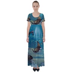 Awesome Steampunk Manta Rays High Waist Short Sleeve Maxi Dress by FantasyWorld7