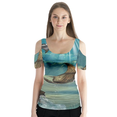 Awesome Steampunk Manta Rays Butterfly Sleeve Cutout Tee  by FantasyWorld7