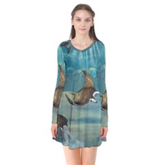 Awesome Steampunk Manta Rays Long Sleeve V-neck Flare Dress by FantasyWorld7