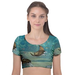 Awesome Steampunk Manta Rays Velvet Short Sleeve Crop Top  by FantasyWorld7