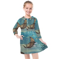 Awesome Steampunk Manta Rays Kids  Quarter Sleeve Shirt Dress by FantasyWorld7