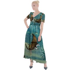 Awesome Steampunk Manta Rays Button Up Short Sleeve Maxi Dress