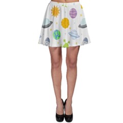 Seamless Pattern Cartoon Space Planets Isolated White Background Skater Skirt