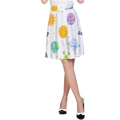 Seamless Pattern Cartoon Space Planets Isolated White Background A-Line Skirt