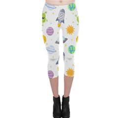 Seamless Pattern Cartoon Space Planets Isolated White Background Capri Leggings 