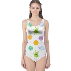 Seamless Pattern Cartoon Space Planets Isolated White Background One Piece Swimsuit