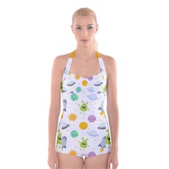 Seamless Pattern Cartoon Space Planets Isolated White Background Boyleg Halter Swimsuit 