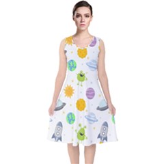 Seamless Pattern Cartoon Space Planets Isolated White Background V-Neck Midi Sleeveless Dress 