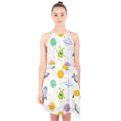 Seamless Pattern Cartoon Space Planets Isolated White Background Halter Collar Waist Tie Chiffon Dress