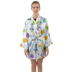 Seamless Pattern Cartoon Space Planets Isolated White Background Long Sleeve Satin Kimono