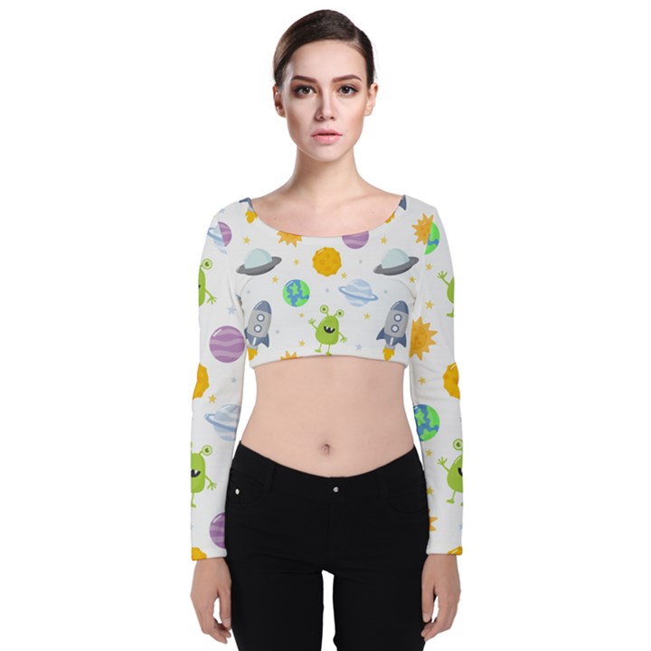 Seamless Pattern Cartoon Space Planets Isolated White Background Velvet Long Sleeve Crop Top