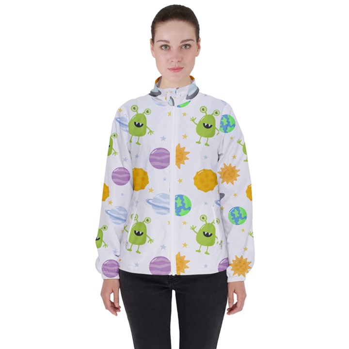 Seamless Pattern Cartoon Space Planets Isolated White Background Women s High Neck Windbreaker