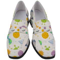 Seamless Pattern Cartoon Space Planets Isolated White Background Women s Chunky Heel Loafers