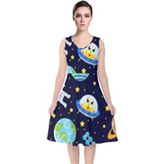 Space Seamless Pattern V-neck Midi Sleeveless Dress  by Vaneshart