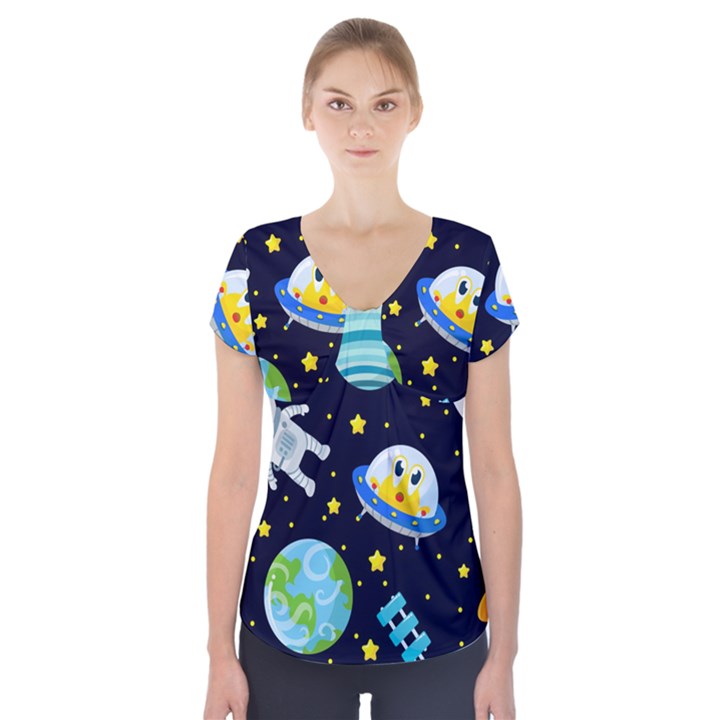 Space Seamless Pattern Short Sleeve Front Detail Top