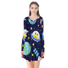 Space Seamless Pattern Long Sleeve V-neck Flare Dress by Vaneshart