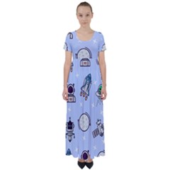 Seamless Pattern With Space Theme High Waist Short Sleeve Maxi Dress