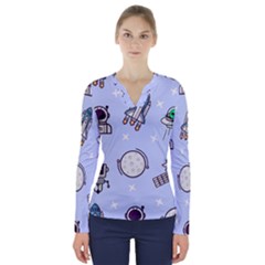 Seamless Pattern With Space Theme V-neck Long Sleeve Top by Vaneshart