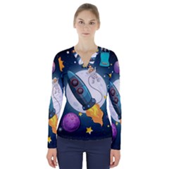 Spaceship Astronaut Space V-neck Long Sleeve Top by Vaneshart