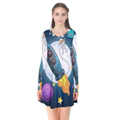 Spaceship Astronaut Space Long Sleeve V-neck Flare Dress by Vaneshart