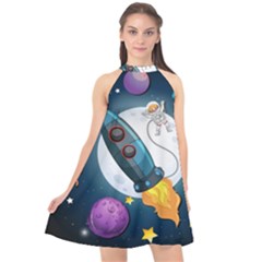 Spaceship Astronaut Space Halter Neckline Chiffon Dress  by Vaneshart