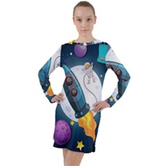 Spaceship Astronaut Space Long Sleeve Hoodie Dress by Vaneshart