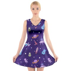 Space Seamless Pattern V-neck Sleeveless Dress by Vaneshart