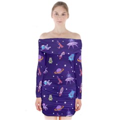 Space Seamless Pattern Long Sleeve Off Shoulder Dress by Vaneshart