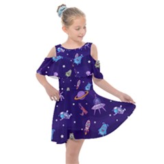 Space Seamless Pattern Kids  Shoulder Cutout Chiffon Dress by Vaneshart