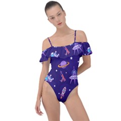 Space Seamless Pattern Frill Detail One Piece Swimsuit by Vaneshart