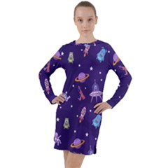 Space Seamless Pattern Long Sleeve Hoodie Dress by Vaneshart