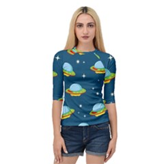 Seamless Pattern Ufo With Star Space Galaxy Background Quarter Sleeve Raglan Tee