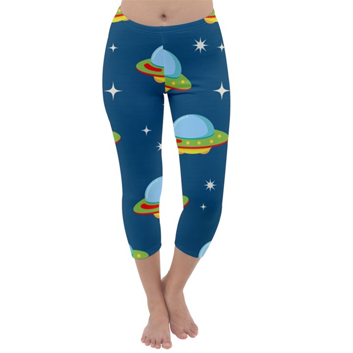 Seamless Pattern Ufo With Star Space Galaxy Background Capri Winter Leggings 