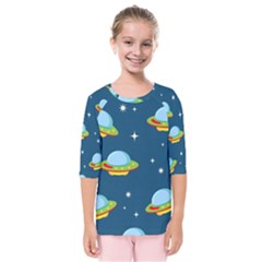 Seamless Pattern Ufo With Star Space Galaxy Background Kids  Quarter Sleeve Raglan Tee