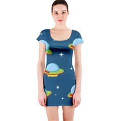 Seamless Pattern Ufo With Star Space Galaxy Background Short Sleeve Bodycon Dress by Vaneshart