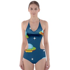 Seamless Pattern Ufo With Star Space Galaxy Background Cut-out One Piece Swimsuit by Vaneshart