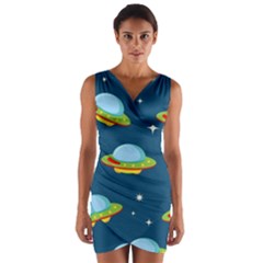 Seamless Pattern Ufo With Star Space Galaxy Background Wrap Front Bodycon Dress by Vaneshart