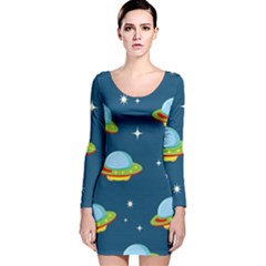 Seamless Pattern Ufo With Star Space Galaxy Background Long Sleeve Velvet Bodycon Dress