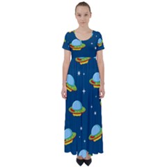 Seamless Pattern Ufo With Star Space Galaxy Background High Waist Short Sleeve Maxi Dress by Vaneshart