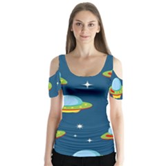 Seamless Pattern Ufo With Star Space Galaxy Background Butterfly Sleeve Cutout Tee 