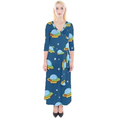 Seamless Pattern Ufo With Star Space Galaxy Background Quarter Sleeve Wrap Maxi Dress by Vaneshart