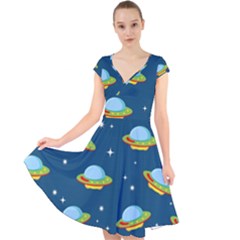 Seamless Pattern Ufo With Star Space Galaxy Background Cap Sleeve Front Wrap Midi Dress by Vaneshart