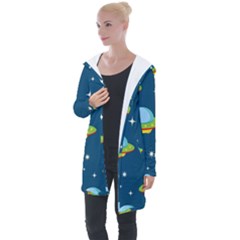 Seamless Pattern Ufo With Star Space Galaxy Background Longline Hooded Cardigan by Vaneshart