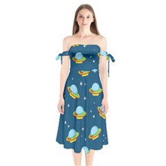 Seamless Pattern Ufo With Star Space Galaxy Background Shoulder Tie Bardot Midi Dress by Vaneshart