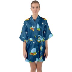 Seamless Pattern Ufo With Star Space Galaxy Background Half Sleeve Satin Kimono  by Vaneshart