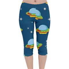 Seamless Pattern Ufo With Star Space Galaxy Background Velvet Capri Leggings  by Vaneshart