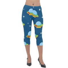 Seamless Pattern Ufo With Star Space Galaxy Background Lightweight Velour Capri Leggings  by Vaneshart