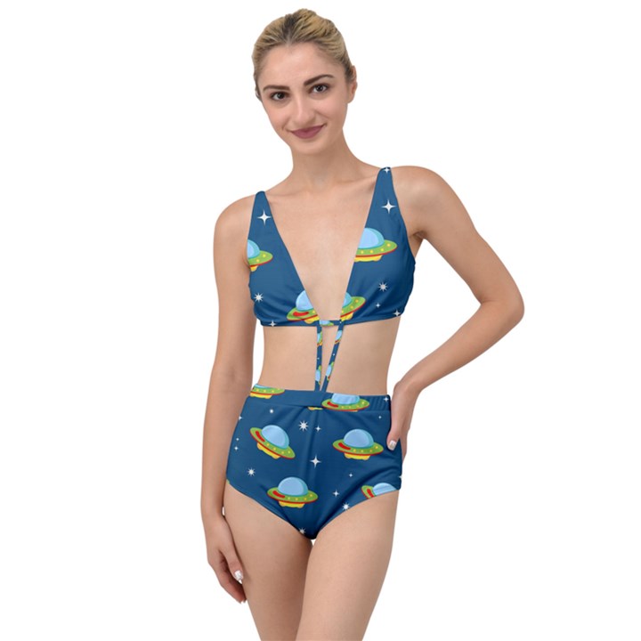 Seamless Pattern Ufo With Star Space Galaxy Background Tied Up Two Piece Swimsuit