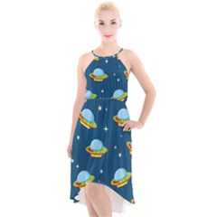 Seamless Pattern Ufo With Star Space Galaxy Background High-low Halter Chiffon Dress  by Vaneshart